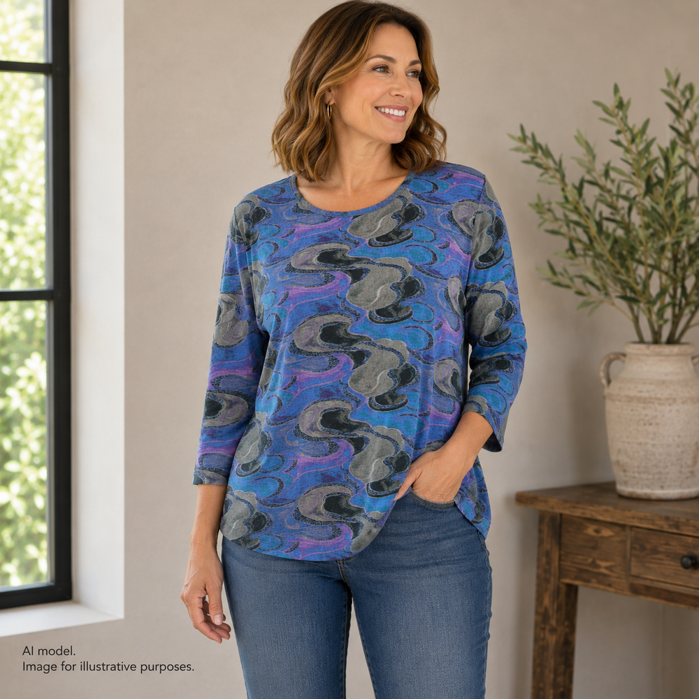Parsley And Sage Shirt Womens PL Blue Abstract Scoop Neck 3/4 Sleeve Stretch Top